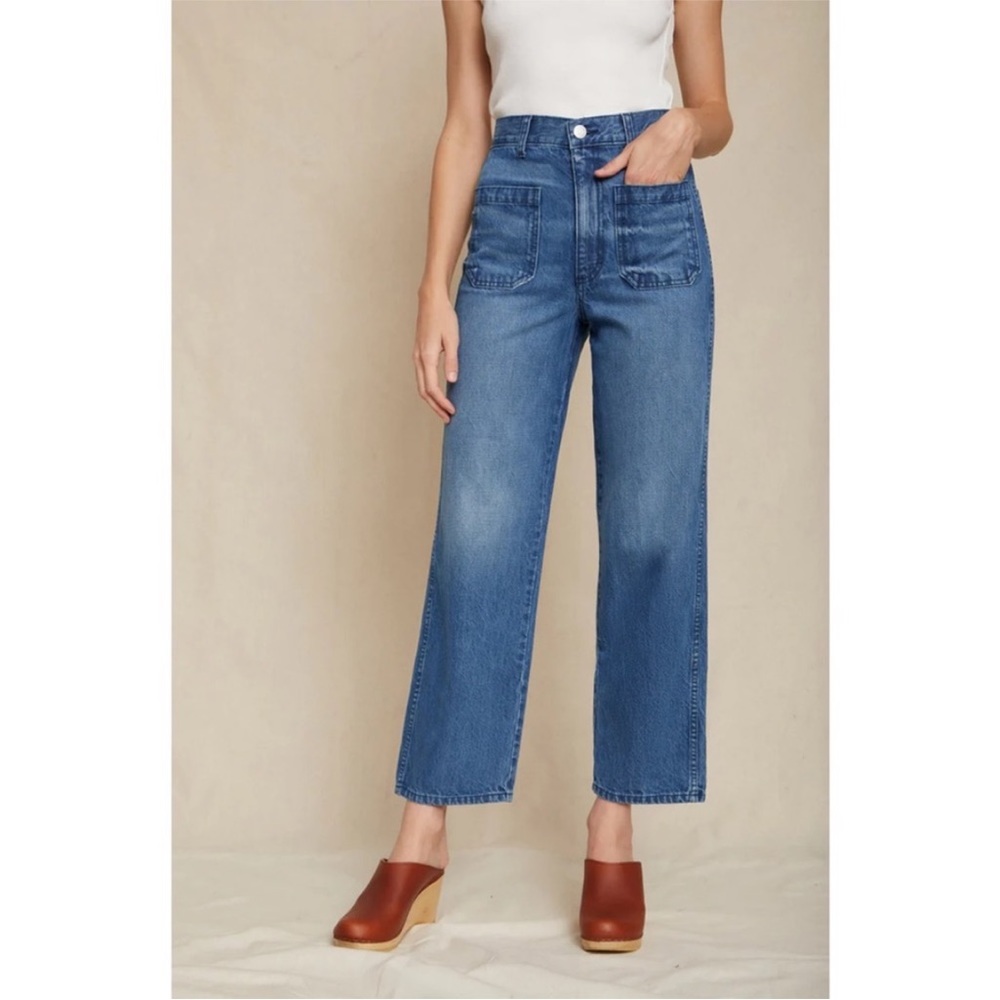 AMO // Patch Pocket Pant Delight Relaxed Wide Leg Jeans 30 Boho Distressed blue